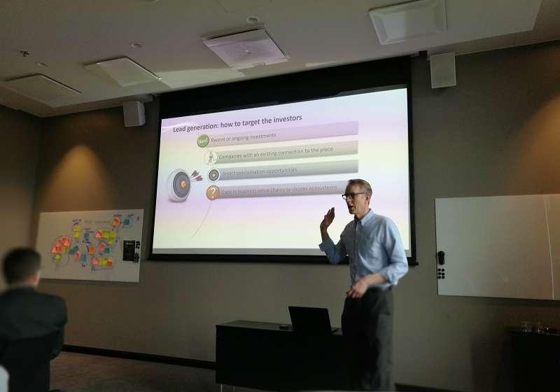 Mats Segerström from Future Place Leadership leads a workshop in Aviapolis, Vantaa to the Helsinki Ring of Industry on business attraction management in Spring, 2019.